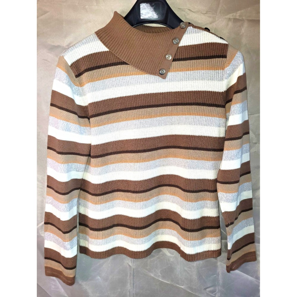 Crazy Horse Women's L Striped Knit Cotton Mock Neck Pullover Sweater